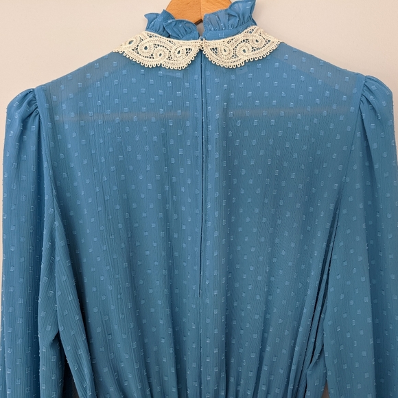 Vintage Blue Cottagecore Maxi Prairie Dress Removable Lace Collar - Picture 9 of 13